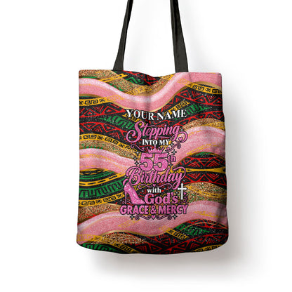 Personalized African Queen Stepping Into My 55th Birthday Tote Bag Pink Sparkle Glitter Tribal Kente