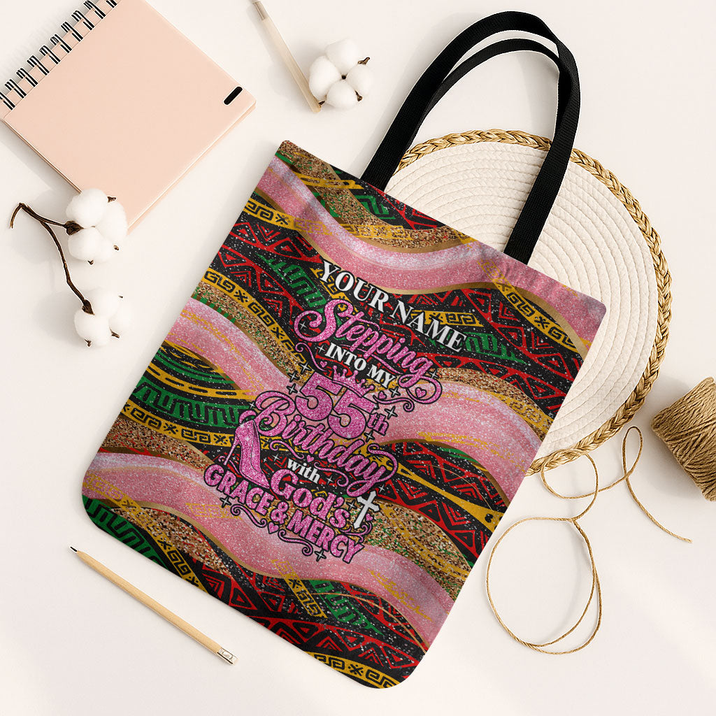 Personalized African Queen Stepping Into My 55th Birthday Tote Bag Pink Sparkle Glitter Tribal Kente