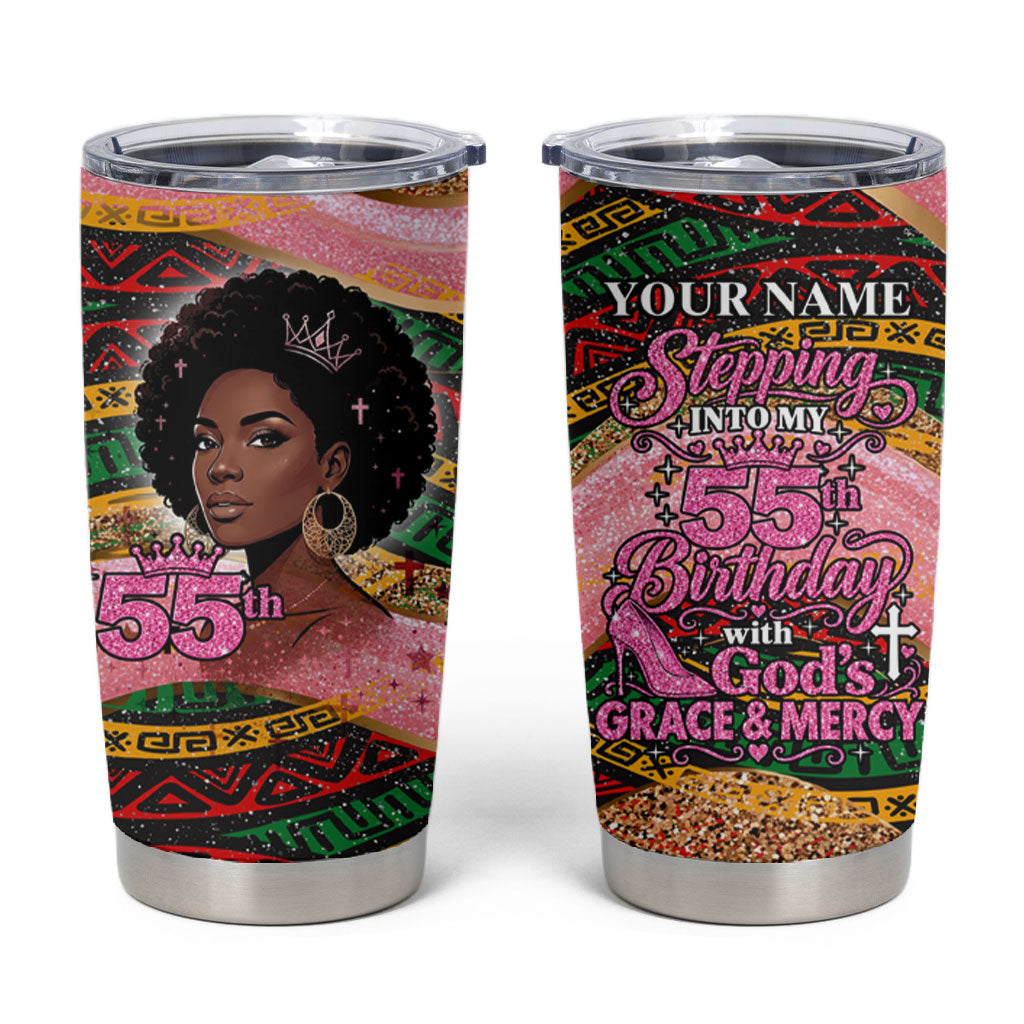 Personalized African Queen Stepping Into My 55th Birthday Tumbler Cup Pink Sparkle Glitter Tribal Kente