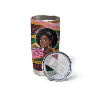 Personalized African Queen Stepping Into My 55th Birthday Tumbler Cup Pink Sparkle Glitter Tribal Kente