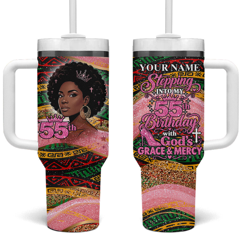 Personalized African Queen Stepping Into My 55th Birthday Tumbler With Handle Pink Sparkle Glitter Tribal Kente