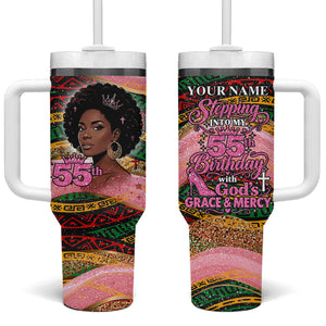 Personalized African Queen Stepping Into My 55th Birthday Tumbler With Handle Pink Sparkle Glitter Tribal Kente
