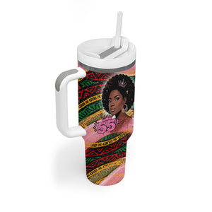 Personalized African Queen Stepping Into My 55th Birthday Tumbler With Handle Pink Sparkle Glitter Tribal Kente