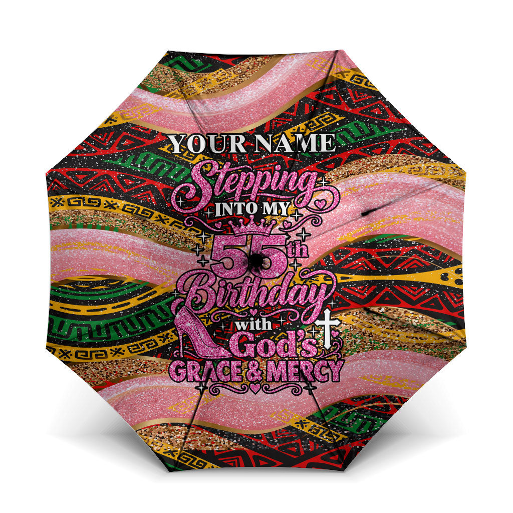 Personalized African Queen Stepping Into My 55th Birthday Umbrella Pink Sparkle Glitter Tribal Kente