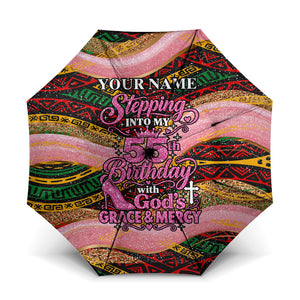 Personalized African Queen Stepping Into My 55th Birthday Umbrella Pink Sparkle Glitter Tribal Kente