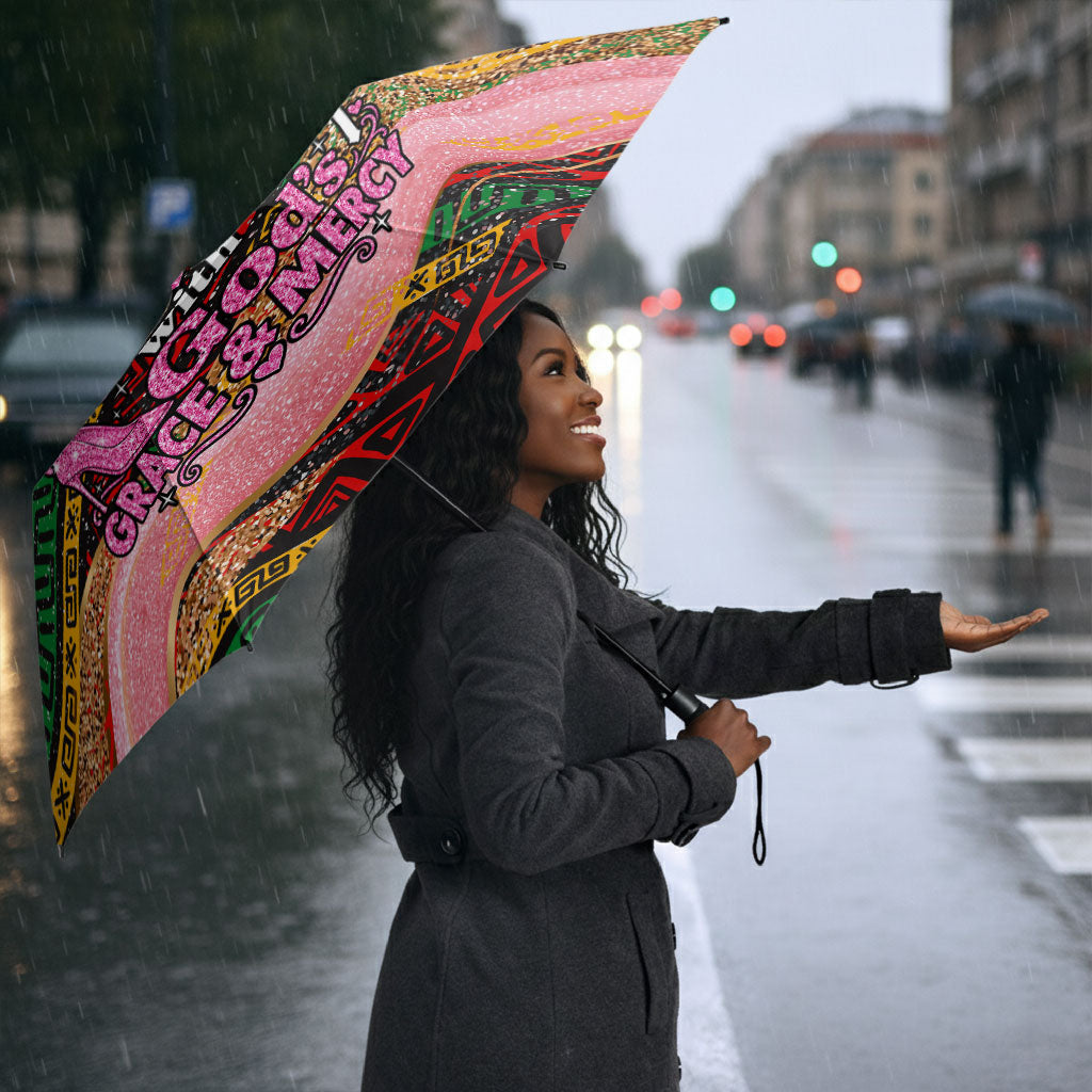 Personalized African Queen Stepping Into My 55th Birthday Umbrella Pink Sparkle Glitter Tribal Kente