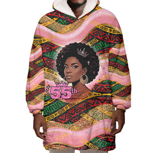 Personalized African Queen Stepping Into My 55th Birthday Wearable Blanket Hoodie Pink Sparkle Glitter Tribal Kente