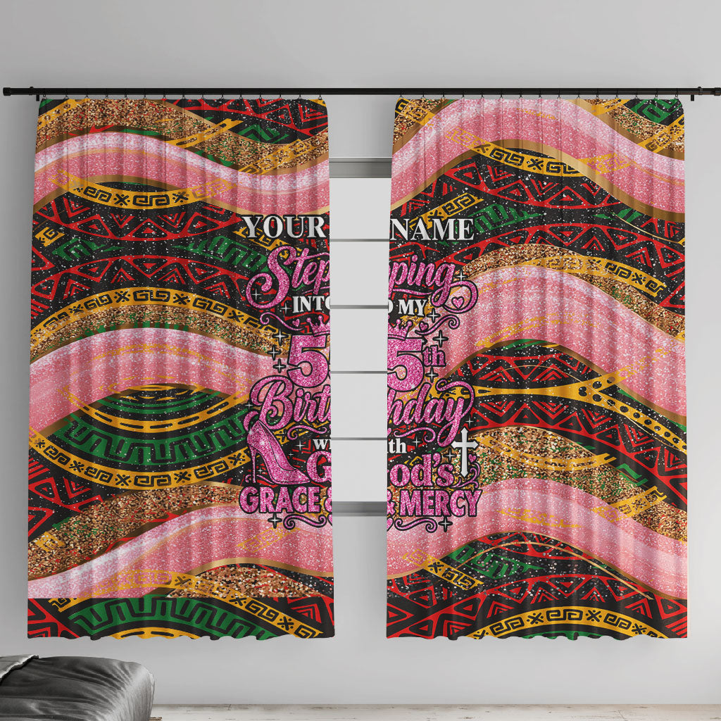 Personalized African Queen Stepping Into My 55th Birthday Window Curtain Pink Sparkle Glitter Tribal Kente