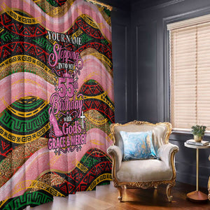 Personalized African Queen Stepping Into My 55th Birthday Window Curtain Pink Sparkle Glitter Tribal Kente