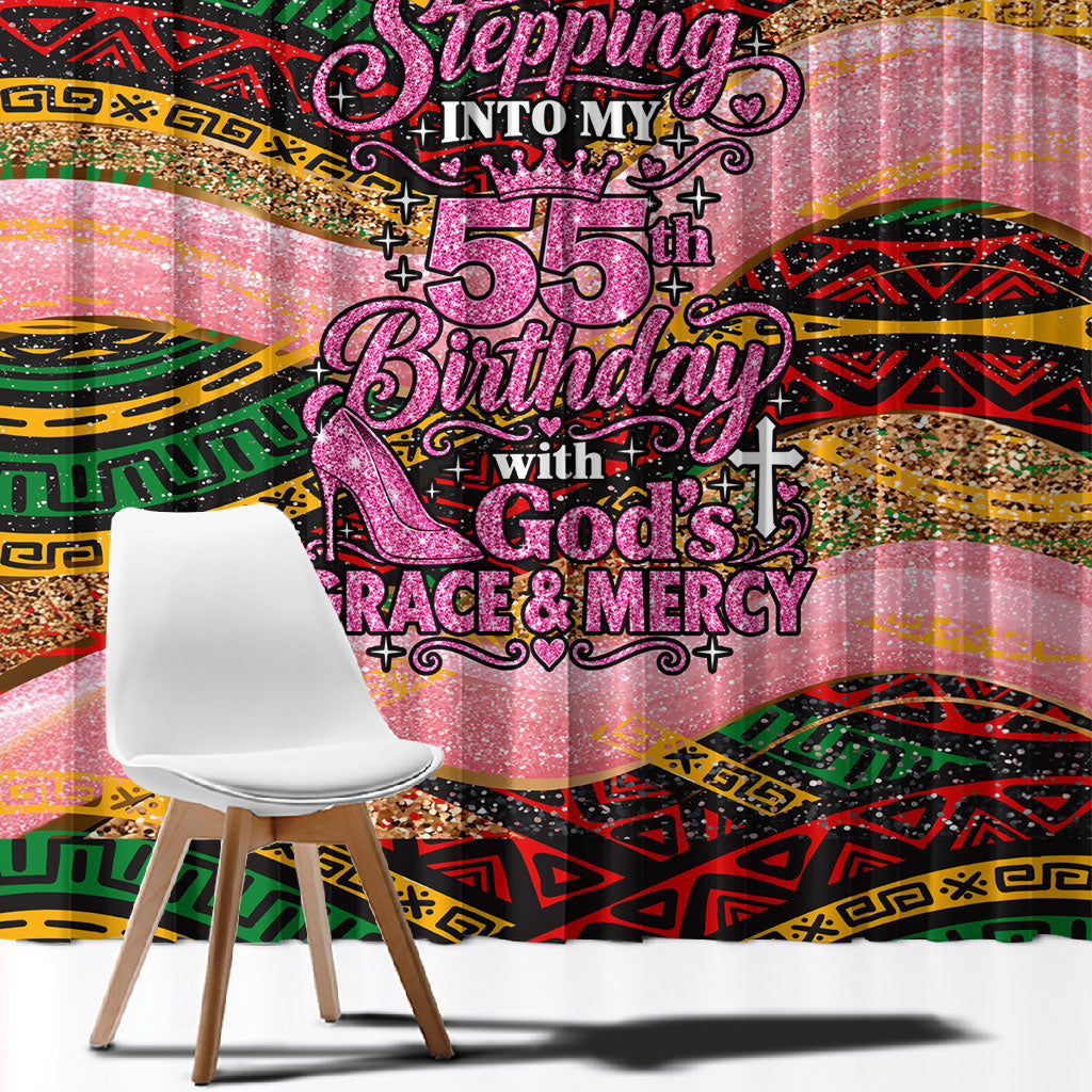 Personalized African Queen Stepping Into My 55th Birthday Window Curtain Pink Sparkle Glitter Tribal Kente