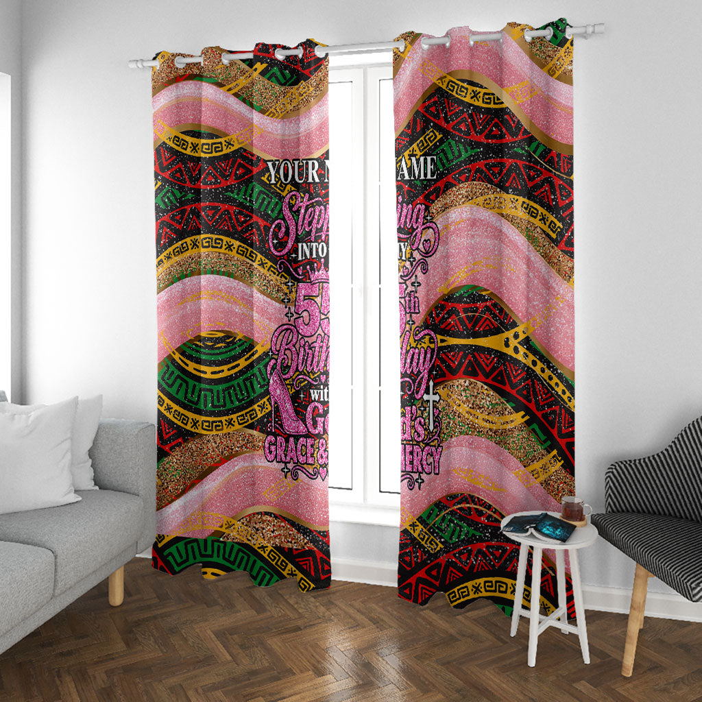Personalized African Queen Stepping Into My 55th Birthday Window Curtain Pink Sparkle Glitter Tribal Kente