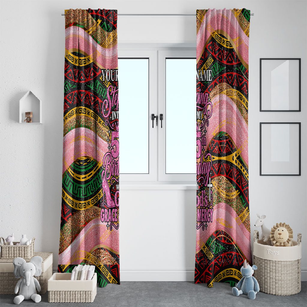 Personalized African Queen Stepping Into My 55th Birthday Window Curtain Pink Sparkle Glitter Tribal Kente