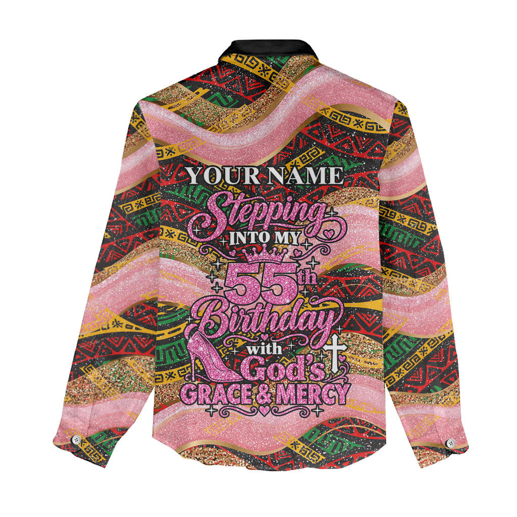 Personalized African Queen Stepping Into My 55th Birthday Women Casual Shirt Pink Sparkle Glitter Tribal Kente