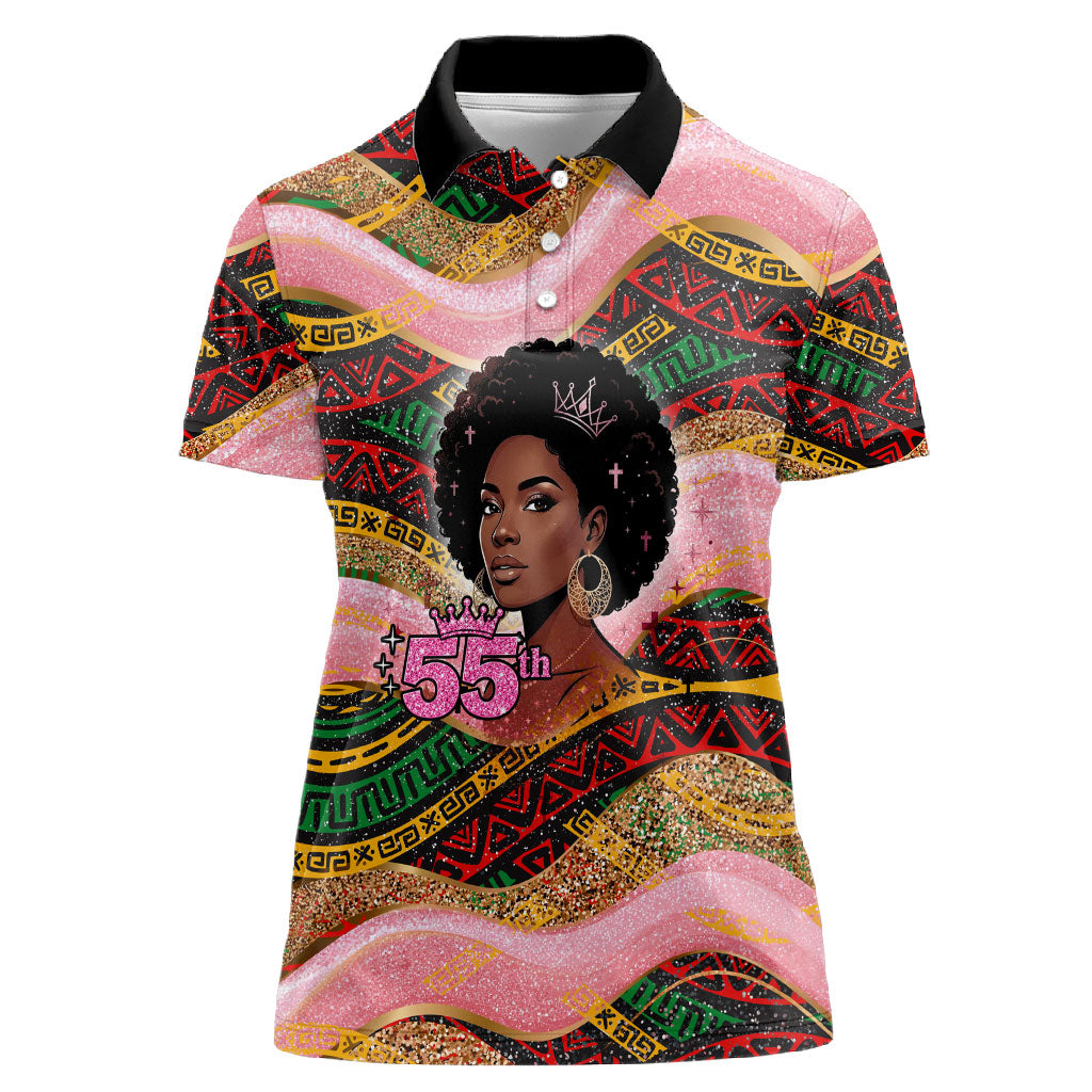 Personalized African Queen Stepping Into My 55th Birthday Women Polo Shirt Pink Sparkle Glitter Tribal Kente