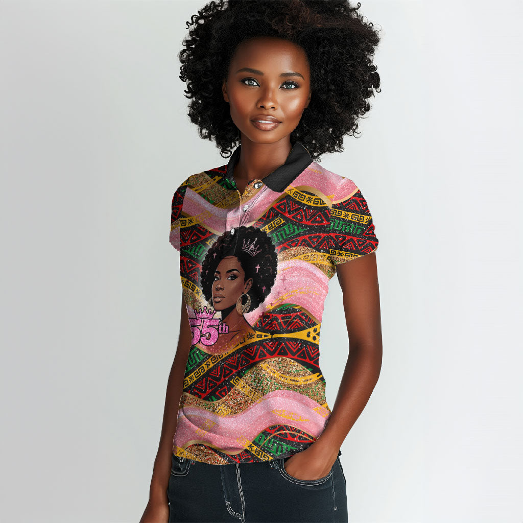 Personalized African Queen Stepping Into My 55th Birthday Women Polo Shirt Pink Sparkle Glitter Tribal Kente