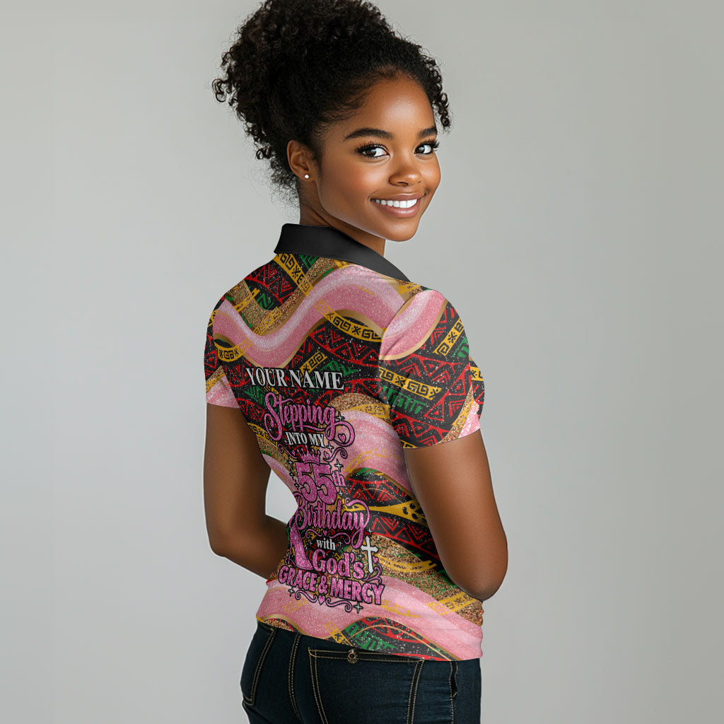 Personalized African Queen Stepping Into My 55th Birthday Women Polo Shirt Pink Sparkle Glitter Tribal Kente