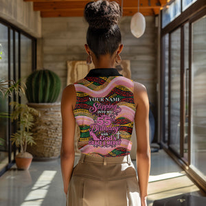 Personalized African Queen Stepping Into My 55th Birthday Women Sleeveless Polo Shirt Pink Sparkle Glitter Tribal Kente