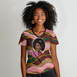 Personalized African Queen Stepping Into My 55th Birthday Women V-Neck T-Shirt Pink Sparkle Glitter Tribal Kente
