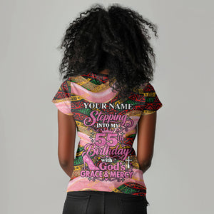 Personalized African Queen Stepping Into My 55th Birthday Women V-Neck T-Shirt Pink Sparkle Glitter Tribal Kente
