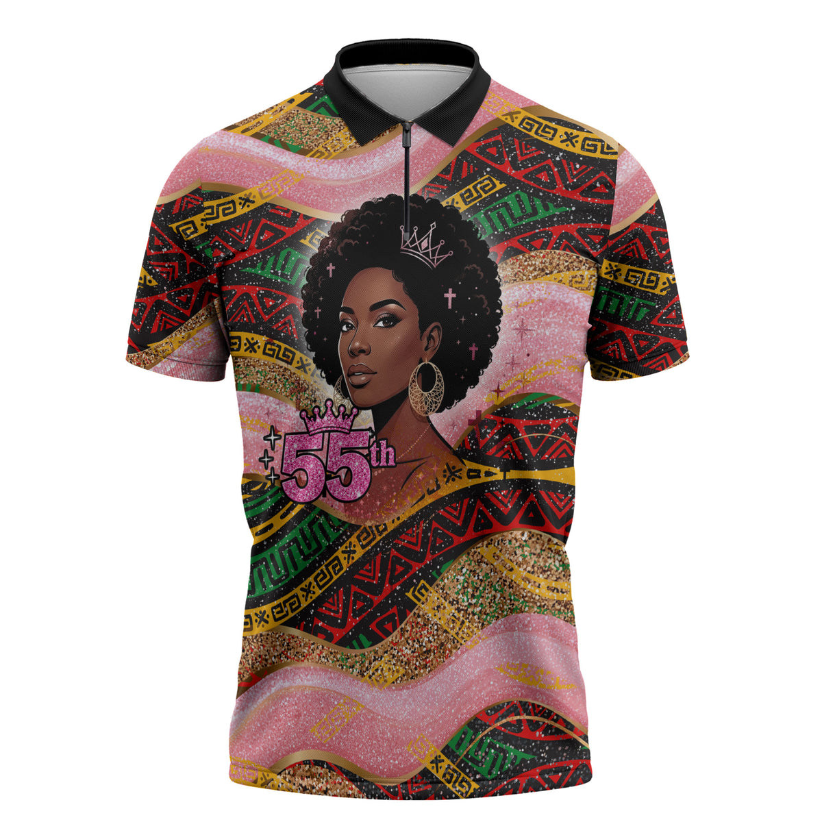 Personalized African Queen Stepping Into My 55th Birthday Zipper Polo Shirt Pink Sparkle Glitter Tribal Kente