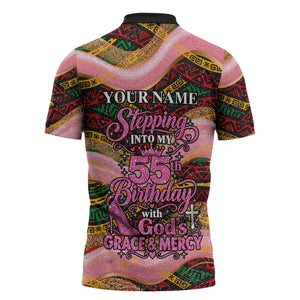 Personalized African Queen Stepping Into My 55th Birthday Zipper Polo Shirt Pink Sparkle Glitter Tribal Kente