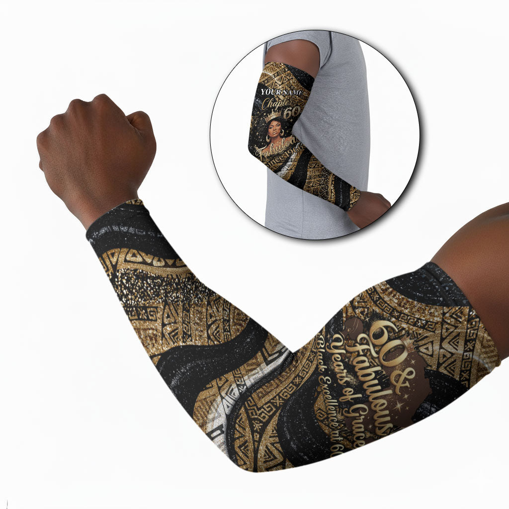 Personalized African Queen 60th Birthday Arm Sleeves Gold Glitter Afro Crown - Chapter 60 Black Excellence