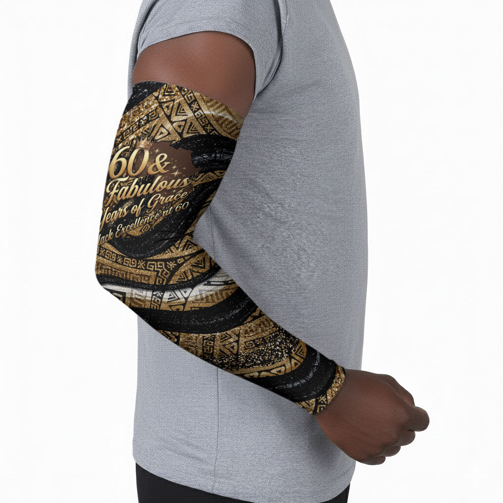 Personalized African Queen 60th Birthday Arm Sleeves Gold Glitter Afro Crown - Chapter 60 Black Excellence