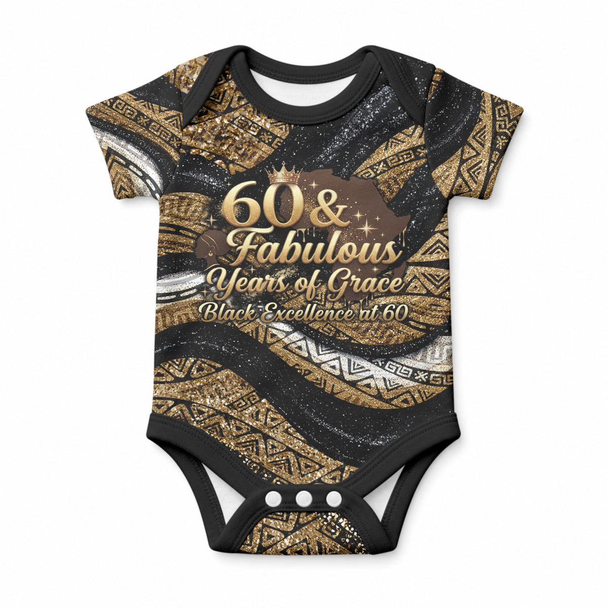 Personalized African Queen 60th Birthday Baby Onesie Gold Glitter Afro Crown - Chapter 60 Black Excellence