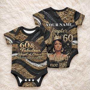Personalized African Queen 60th Birthday Baby Onesie Gold Glitter Afro Crown - Chapter 60 Black Excellence