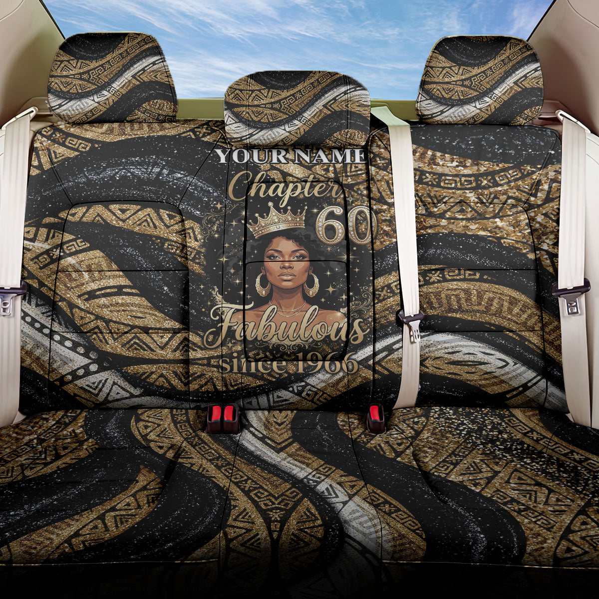 Personalized African Queen 60th Birthday Back Car Seat Cover Gold Glitter Afro Crown - Chapter 60 Black Excellence