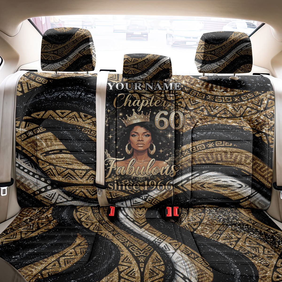 Personalized African Queen 60th Birthday Back Car Seat Cover Gold Glitter Afro Crown - Chapter 60 Black Excellence