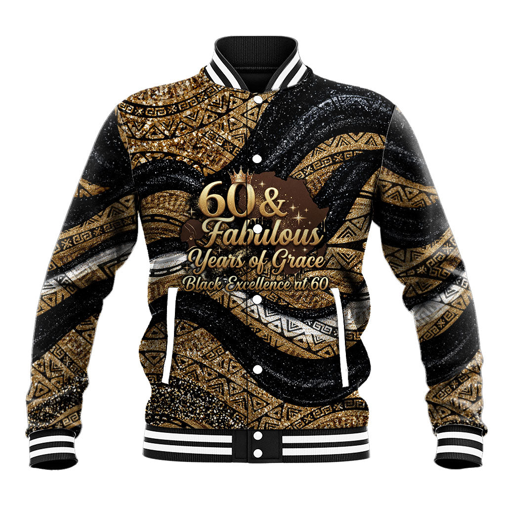 Personalized African Queen 60th Birthday Baseball Jacket Gold Glitter Afro Crown - Chapter 60 Black Excellence