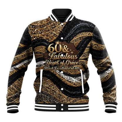 Personalized African Queen 60th Birthday Baseball Jacket Gold Glitter Afro Crown - Chapter 60 Black Excellence