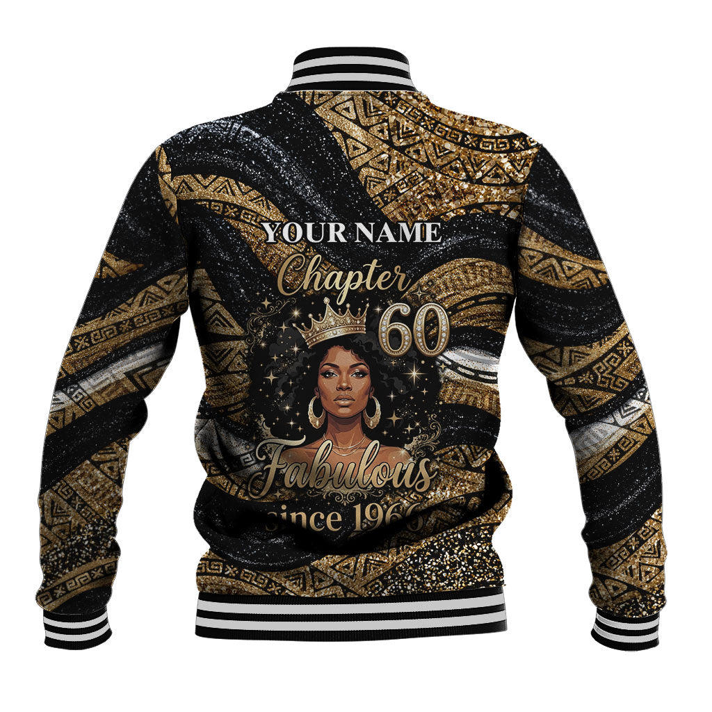 Personalized African Queen 60th Birthday Baseball Jacket Gold Glitter Afro Crown - Chapter 60 Black Excellence