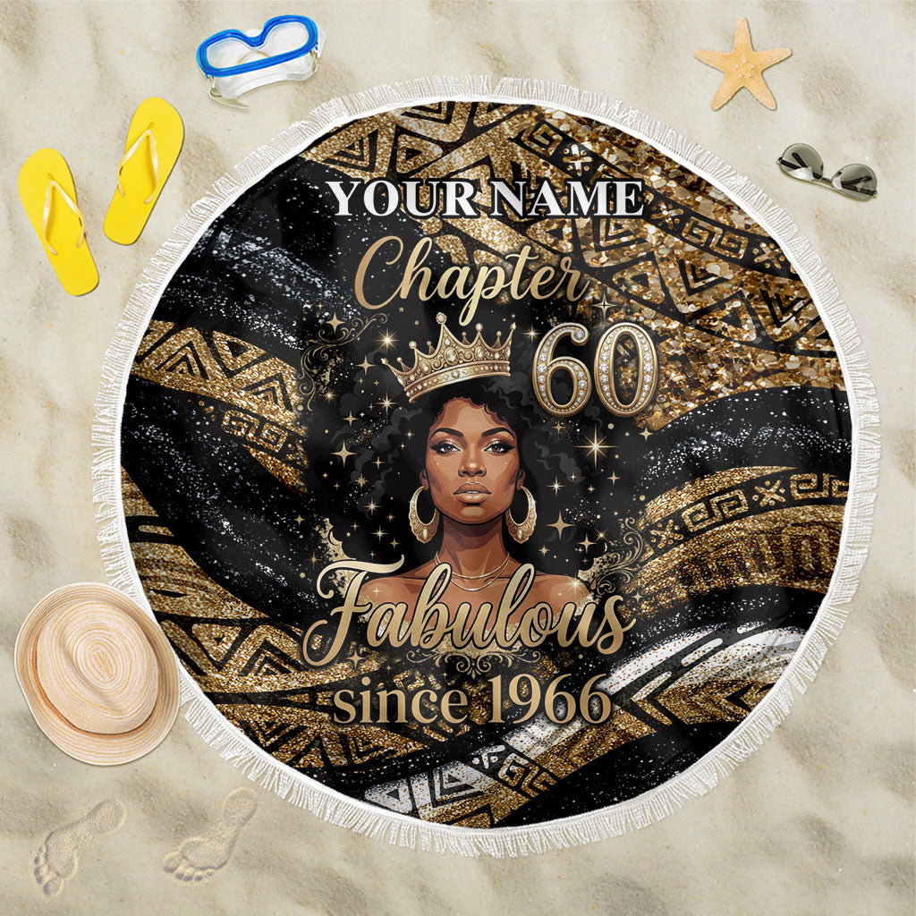 Personalized African Queen 60th Birthday Beach Blanket Gold Glitter Afro Crown - Chapter 60 Black Excellence