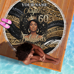 Personalized African Queen 60th Birthday Beach Blanket Gold Glitter Afro Crown - Chapter 60 Black Excellence