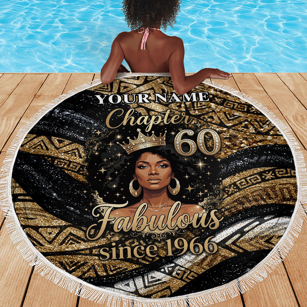 Personalized African Queen 60th Birthday Beach Blanket Gold Glitter Afro Crown - Chapter 60 Black Excellence