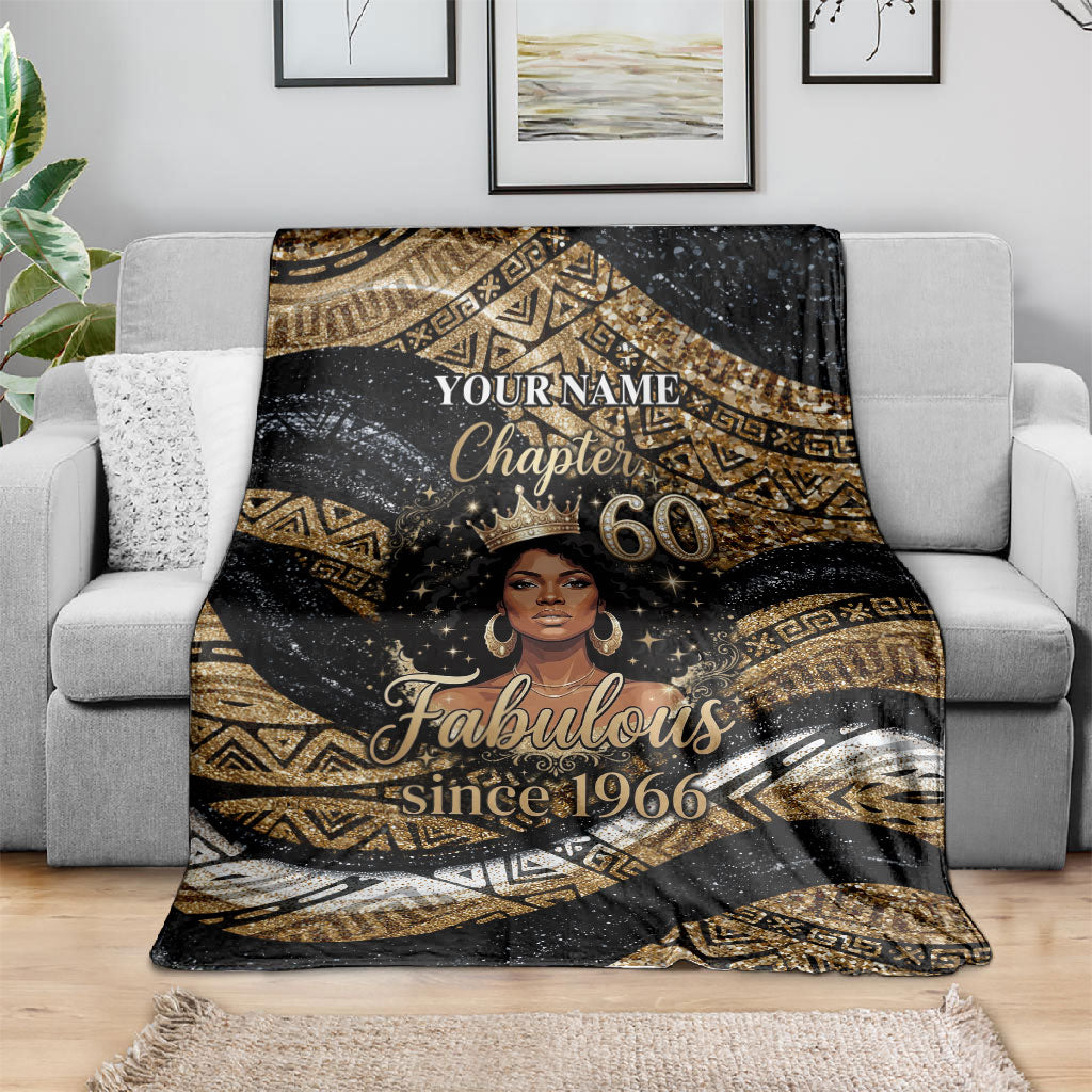 Personalized African Queen 60th Birthday Blanket Gold Glitter Afro Crown - Chapter 60 Black Excellence