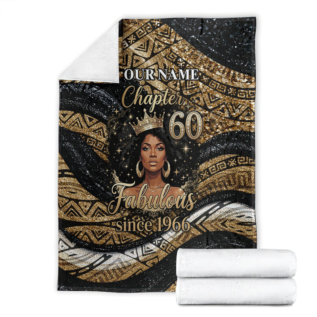 Personalized African Queen 60th Birthday Blanket Gold Glitter Afro Crown - Chapter 60 Black Excellence