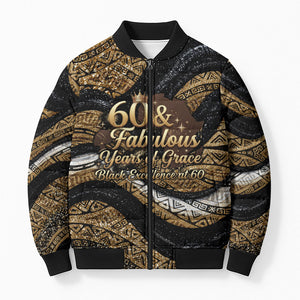 Personalized African Queen 60th Birthday Bomber Puffer Jacket Gold Glitter Afro Crown - Chapter 60 Black Excellence