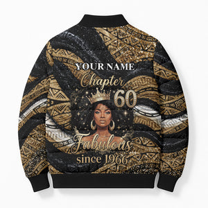 Personalized African Queen 60th Birthday Bomber Puffer Jacket Gold Glitter Afro Crown - Chapter 60 Black Excellence