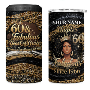 Personalized African Queen 60th Birthday 4 in 1 Can Cooler Tumbler Gold Glitter Afro Crown - Chapter 60 Black Excellence