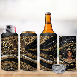 Personalized African Queen 60th Birthday 4 in 1 Can Cooler Tumbler Gold Glitter Afro Crown - Chapter 60 Black Excellence