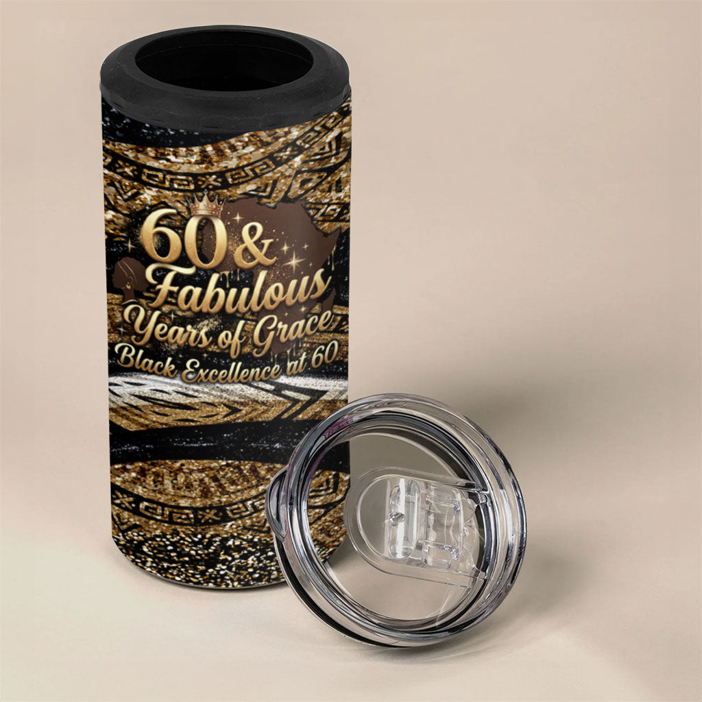 Personalized African Queen 60th Birthday 4 in 1 Can Cooler Tumbler Gold Glitter Afro Crown - Chapter 60 Black Excellence