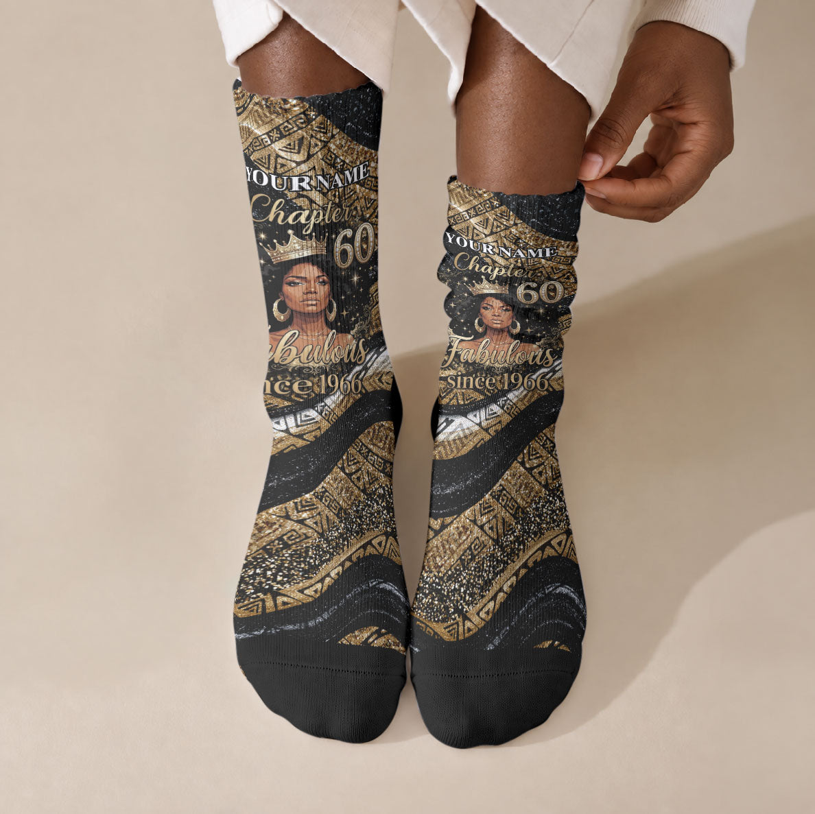 Personalized African Queen 60th Birthday Crew Socks Gold Glitter Afro Crown - Chapter 60 Black Excellence
