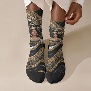 Personalized African Queen 60th Birthday Crew Socks Gold Glitter Afro Crown - Chapter 60 Black Excellence