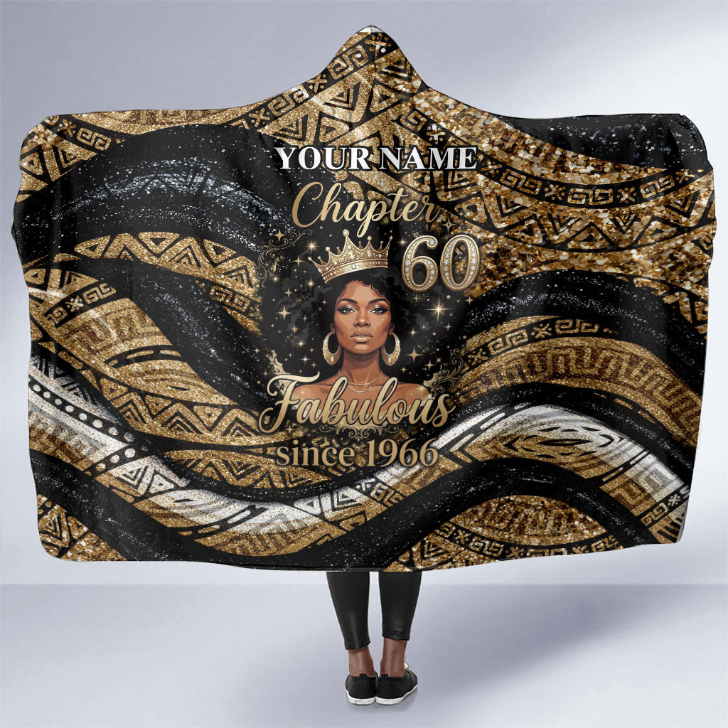 Personalized African Queen 60th Birthday Hooded Blanket Gold Glitter Afro Crown - Chapter 60 Black Excellence
