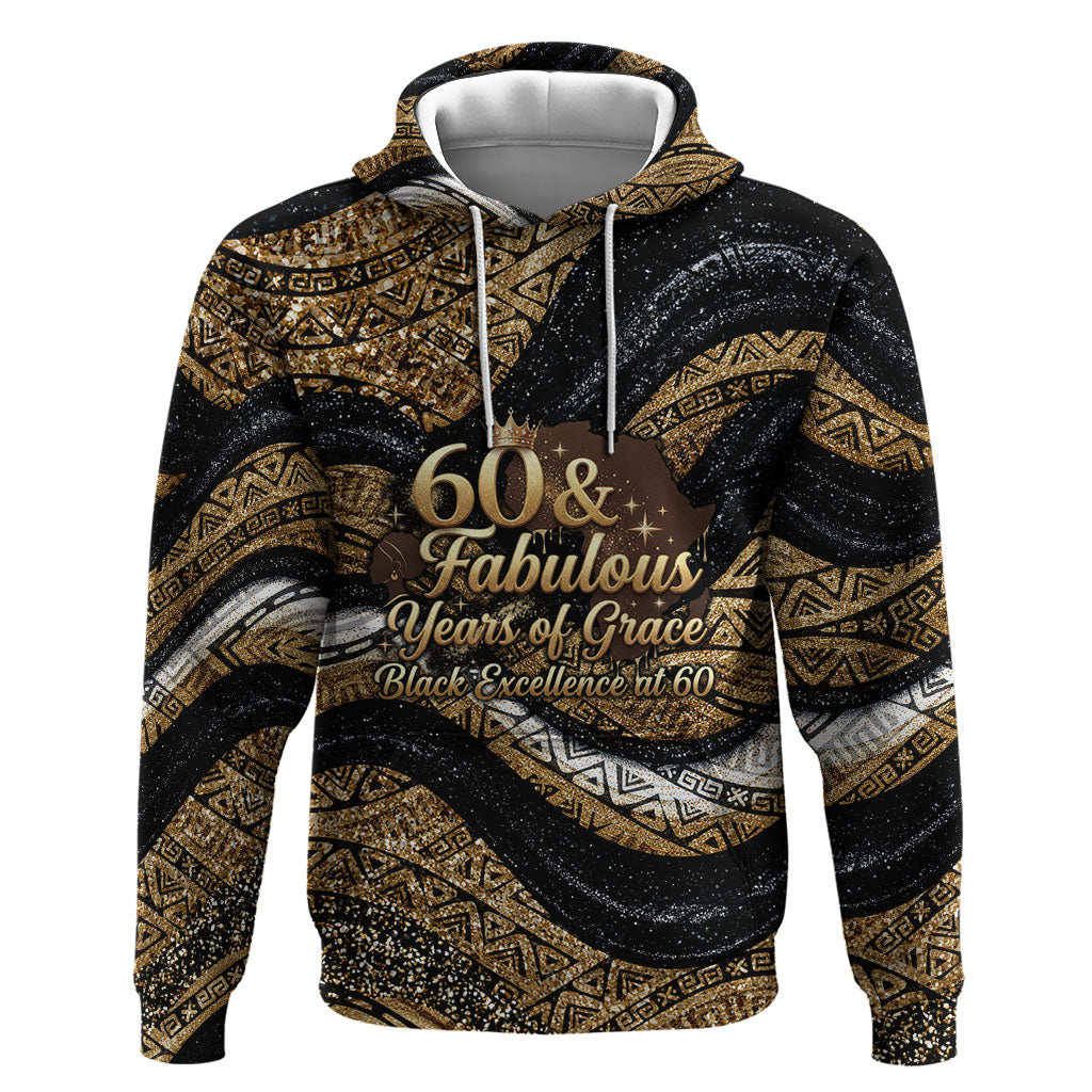 Personalized African Queen 60th Birthday Hoodie Gold Glitter Afro Crown - Chapter 60 Black Excellence