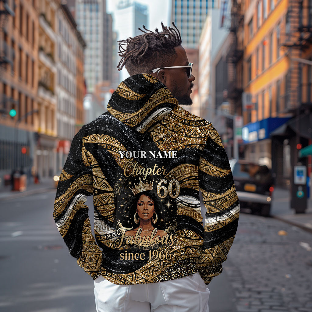 Personalized African Queen 60th Birthday Hoodie Gold Glitter Afro Crown - Chapter 60 Black Excellence