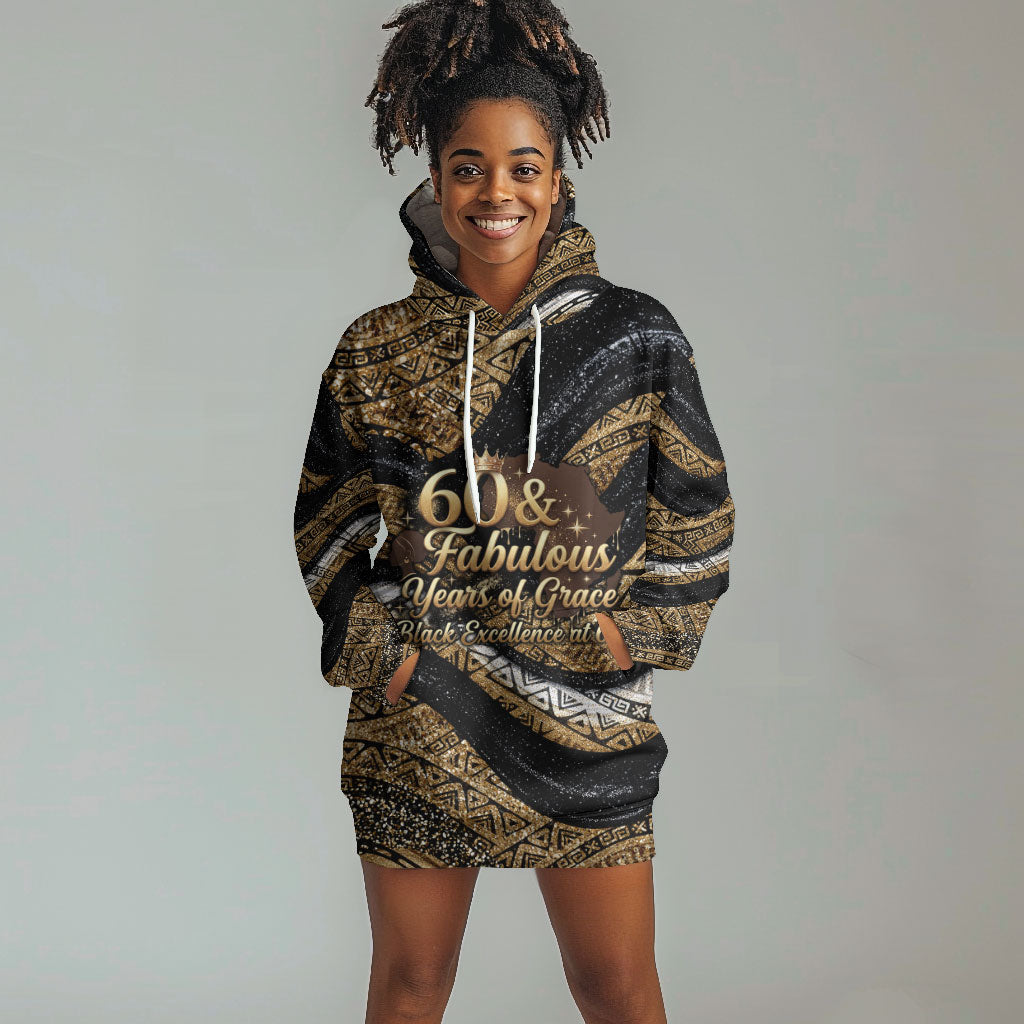 Personalized African Queen 60th Birthday Hoodie Dress Gold Glitter Afro Crown - Chapter 60 Black Excellence